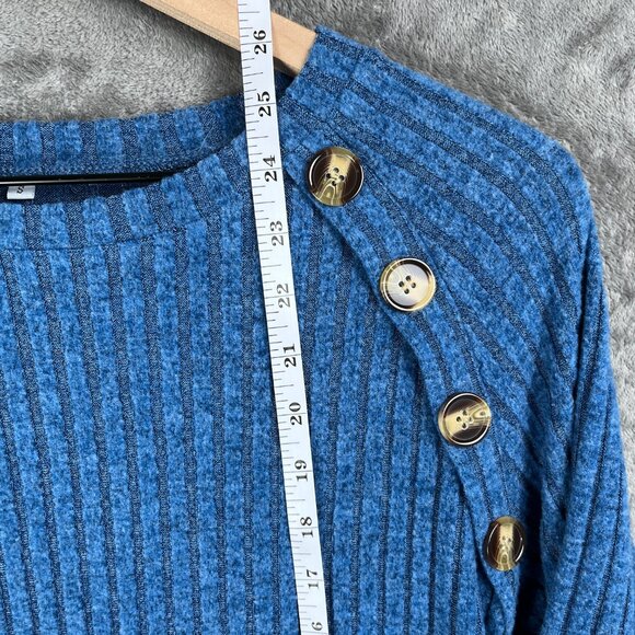 Ribbed Knit Sweater Women’s Small Blue Button Shoulder Long Sleeve Pullover Top - Picture 4 of 7